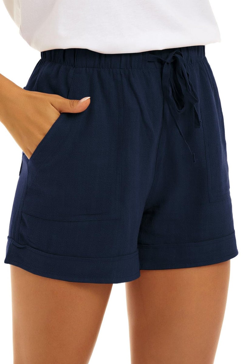 KINGFEN Womens Shorts Casual Beach Comfy Linen Shorts with Pockets Summer Pull On Drawstring Lounge Short Blue Medium - Image 1